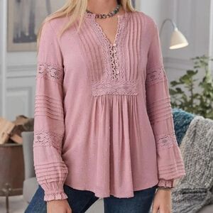 Sundance Dusty Pink Spirit Lake Tunic Top With Lace & Pintucks Size M Boho